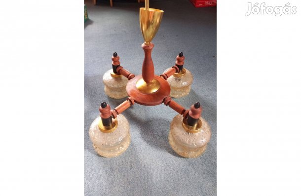 Szép búrás 4 ágú fa-fém csillár, függő lámpa 70 cm magas