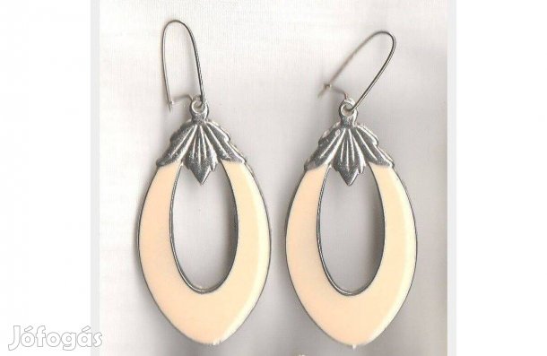 Szép egyedi tűzzománc fülbevaló, törtfehér, 6 cm