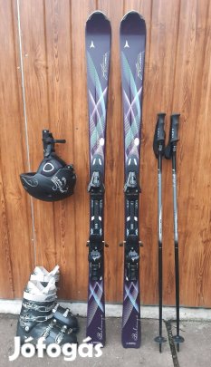 Szép női síszett. 156cm-es Atomic léc, sícipő, síbot, sisak!