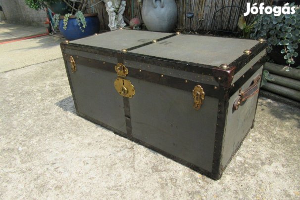 Szép régi szürke utazó bőrönd - hajó koffer - 38 cm magas