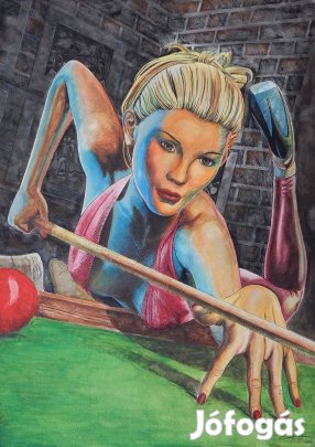 Szép szőke a billiárd asztalnál (Akvarell festmény 50X70)