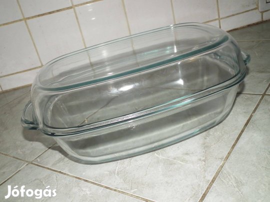 Szép újszerű súlyos nagy méretű hőálló jénai sütőtál fedővel