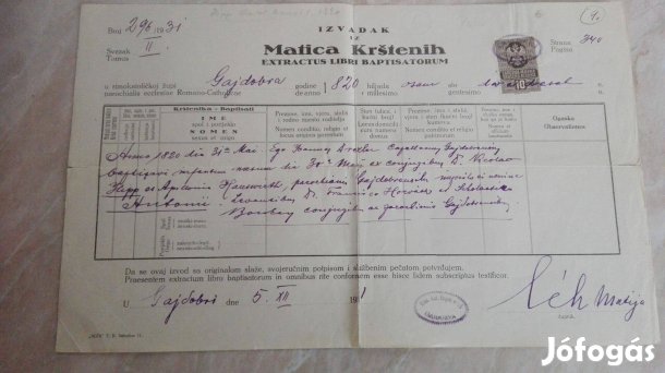 Szerb Királyságbeli 1931-es keresztlevél