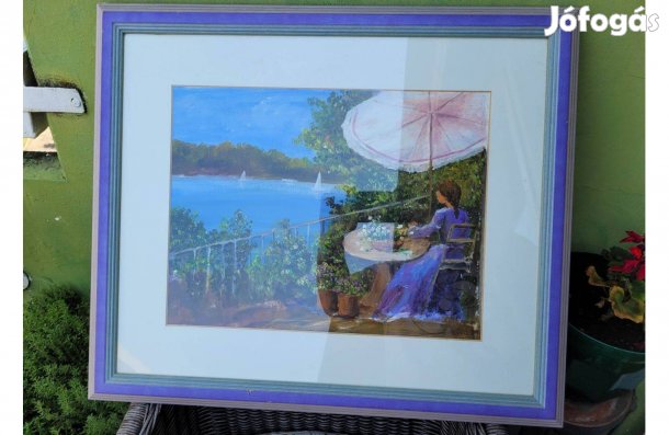 Szignózott festmény farostlemezen fa keretben üveglappal