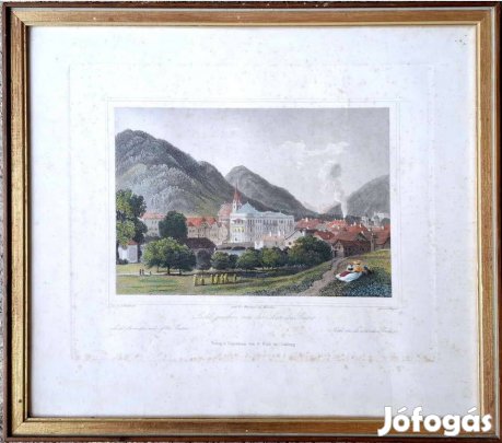 Színes rézkarc Történelmi városrész hegyvidéki tájban (keretezve)