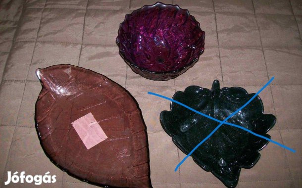 Színes üveg dísz tál, tároló, kínáló, lila és fekete