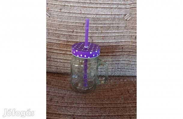 Szívószálas üveg bögre fém kupakkal 400 ml - Teljesen új