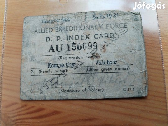 Szövetséges Expedíciós Erők 1921-es Magyar D.P. Index kártya