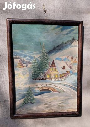Sztelek Norbert: Téli hegyi falu hangulatos naiv olajfestmény