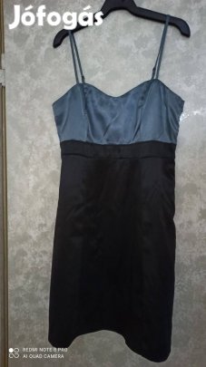 Szürke, fekete pántos selyem szatén alkalmi ruha