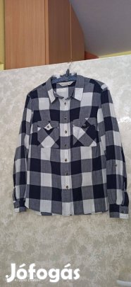 Szürke, kék, fehér nagy kockás hosszú ujjú vékony vászon blúz