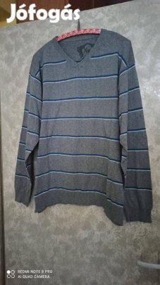 Szürke csíkos férfi kötött pamut pulóver XL-es