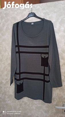 Szürke fekete mintás kötött tunika, hosszú pulóver