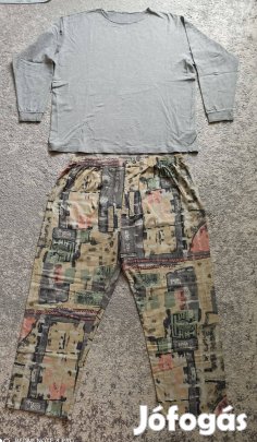 Szürke hosszú ujjú pamut nagy méretű férfi pizsama XXL-es