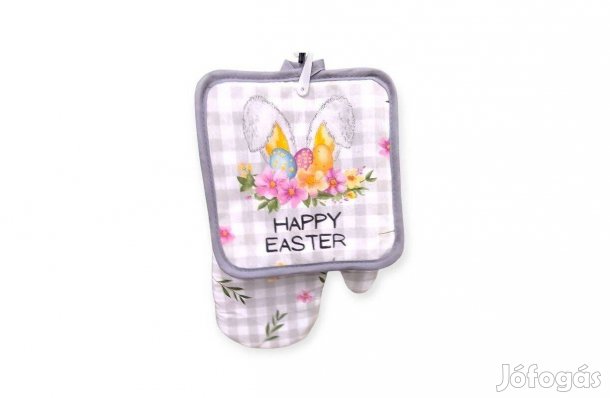 Szürke kockás nyuszifüles edényfogó kesztyű szalvétával 18x26 cm