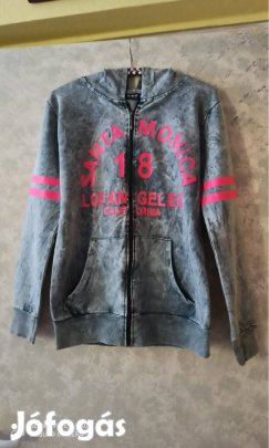 Szürke pink feliratos pamut kapucnis cipzáras pulóver M-es