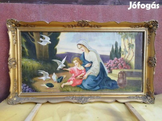 Szűz Mária és kis Jézus olajfestmény keretben (126 x 73 x 7,5 cm)
