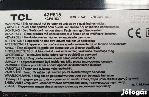 TCL 43P615X2 LED LCD tv hibás törött alkatrésznek 43P615 UHD 4K