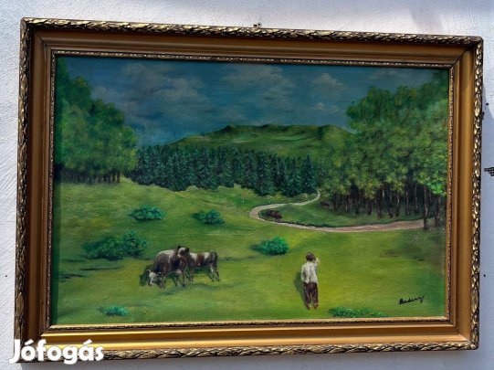Tájkép, legeltetés szignált olaj vászon (80 x 55)