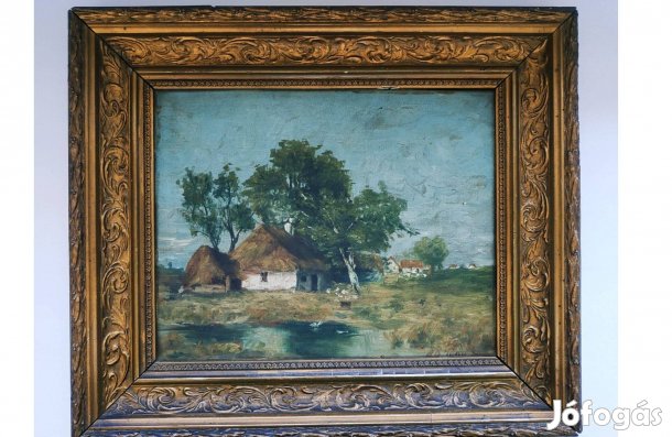 Tájkép, tanya - olajfestmény, antik, aranyozott keretben kb 42x34cm