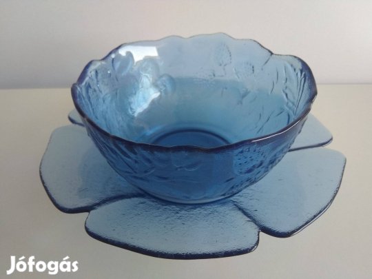 Tálka és kistányér tányér tányérka tál készlet díszes kék üveg