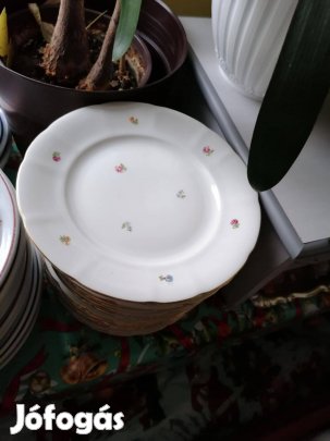 Tányérkészlet aranyszélű apró színes virágmintás porcelán Csehszlovák