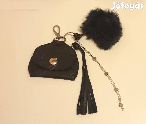 Táskadísz, aprótartó pénztárca, kulcstartó. Fekete valódi bőr, új