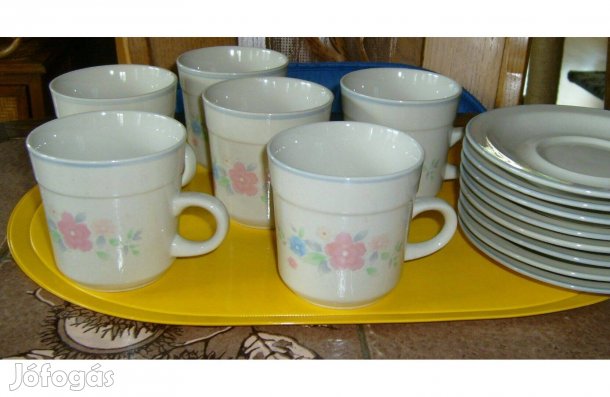 Teás készlet 6 db, mikrózható, porcelán bögre és alj - Új