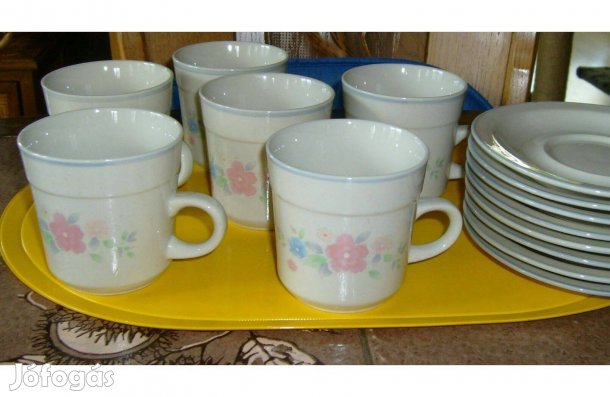 Teás készlet 6 db, tavaszi virágos porcelán bögre és alj - Új