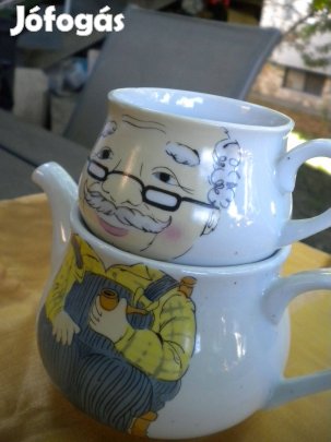 Teáskanna csészével nagypapa figura díszítéssel