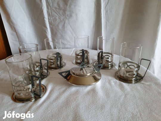 Teáspoharak füles tartóban+ cukortartó