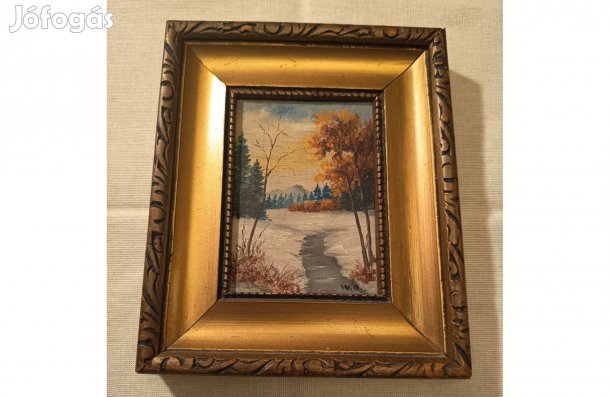 Téli Tájkép, Olajfestmény, 7x10cm, Aranyszínű Keretben