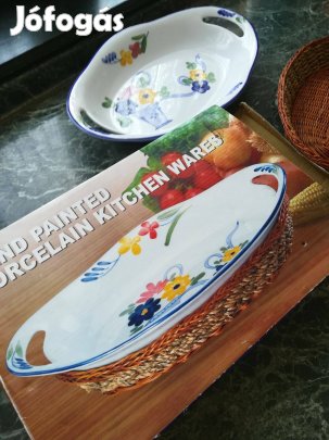 Teljesen új, kézzel festett porcelán tál kosárral dobozában eladó