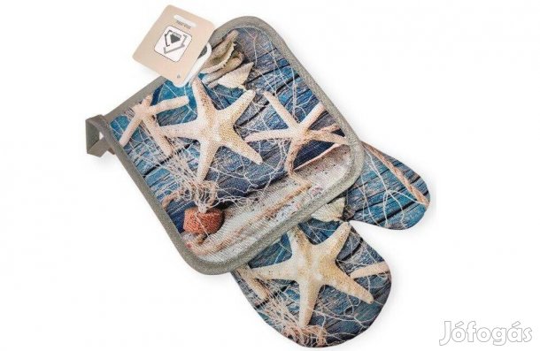 Tengerparti sütőkesztyű edényfogóval taupe-türkiz tengeri csillag mi