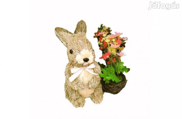 Természetes rost nyuszi kosárral és virágokkal, 26 cm