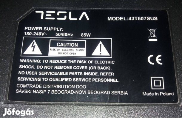 Tesla 43T607SUS LED LCD 4K UHD tv hibás törött alkatrésznek eladó