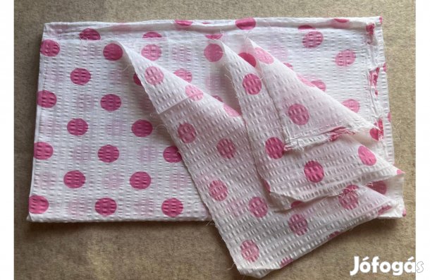 Textil - méteráru, (krepp) fehér, rózsaszín pöttyös csomag