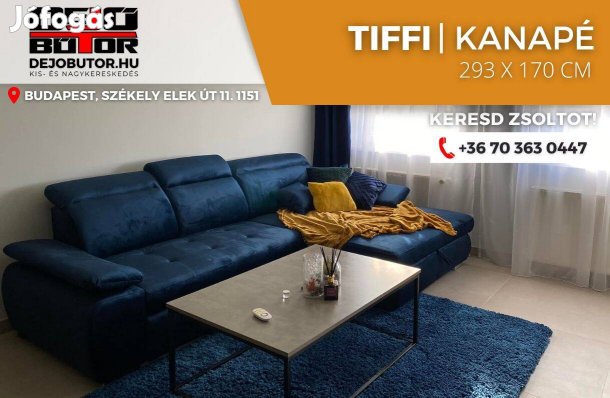 Tiffi sarok kanapé ülőgarnitúra 293x175 cm rugós ágyazható kék