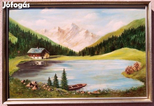Tiroli tájkép erdei tóval, és házikóval, szignált festmény Ausztriából