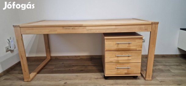 Tömörfa íróasztal gurulós 3 fiókos irattartóval jó állapotban