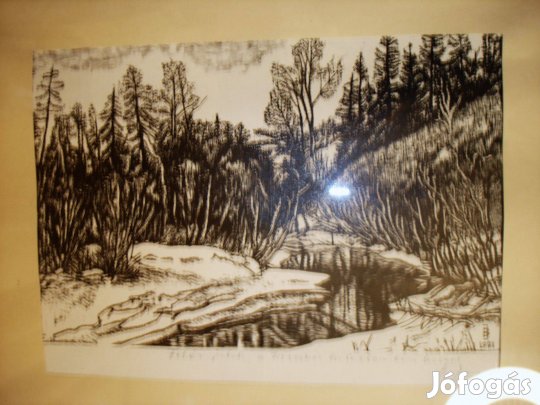 Torockói Fehér patak tavaszkor, fametszet, szignált kézi levonat