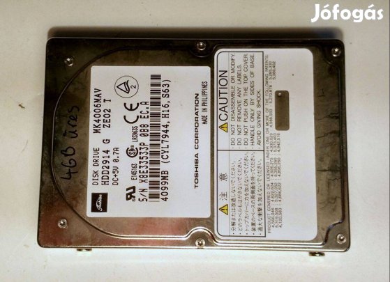 Toshiba 2.5 colos HDD 4GB MK4006MAV (kb.1998) tesztelve