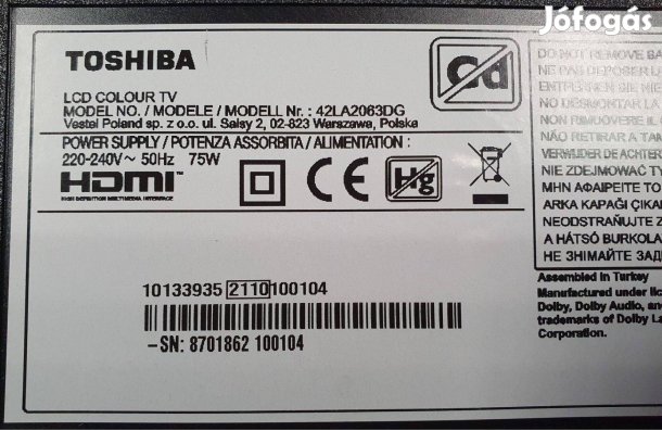 Toshiba 42LA2063DG Andoid LED LCD tv hibás törött alkatrésznek