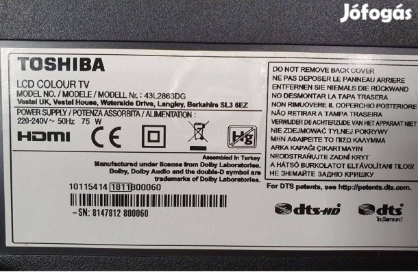 Toshiba 43L2863DG Smart LED LCD tv alkatrésznek mainboard elkelt