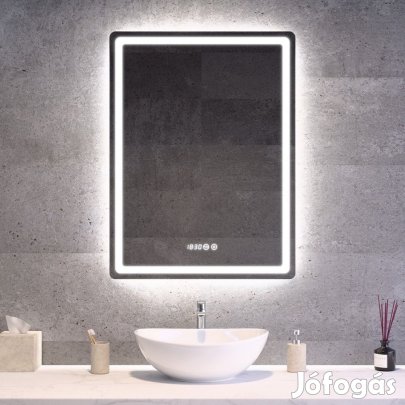 Tükör LED világítással 60x80cm | Páramentesítő funkció | Beépített ór