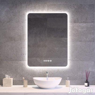 Tükör LED világítással 60x80cm | Páramentesítő funkció | Beépített ór