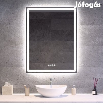Tükör LED világítással 70x90cm | Páramentesítő funkció | Beépített ór