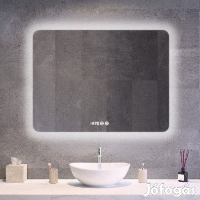 Tükör LED világítással 80x60cm | Páramentesítő funkció | Beépített ór