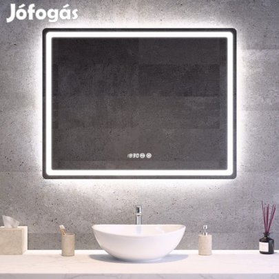 Tükör LED világítással 80x60cm | Páramentesítő funkció | Beépített ór