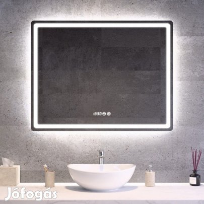 Tükör LED világítással 90x70cm | Páramentesítő funkció | Beépített ór